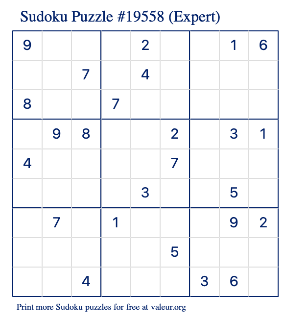 Free Printable Expert Sudoku Puzzle number 19558