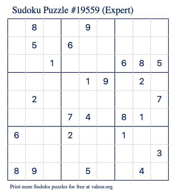 Free Printable Expert Sudoku Puzzle number 19559