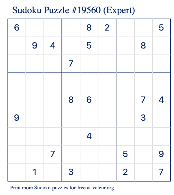 Free Printable Expert Sudoku Puzzle number 19560