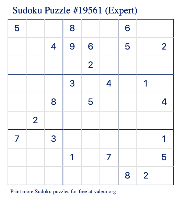 Free Printable Expert Sudoku Puzzle number 19561