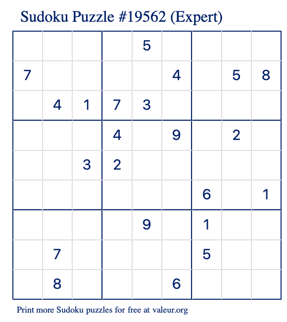 Free Printable Expert Sudoku Puzzle number 19562