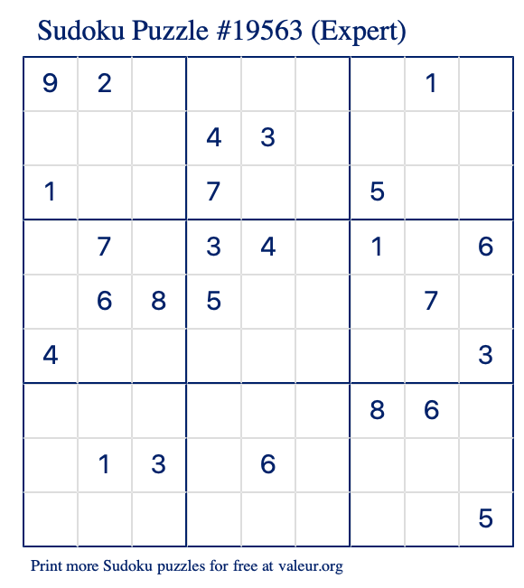 Free Printable Expert Sudoku Puzzle number 19563