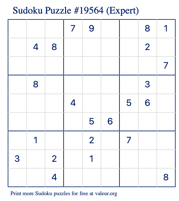 Free Printable Expert Sudoku Puzzle number 19564