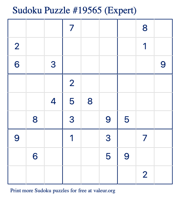 Free Printable Expert Sudoku Puzzle number 19565