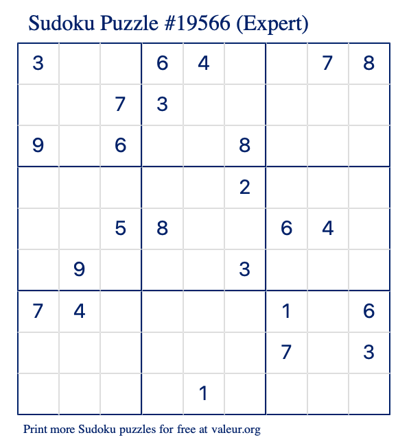 Free Printable Expert Sudoku Puzzle number 19566