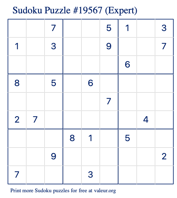 Free Printable Expert Sudoku Puzzle number 19567