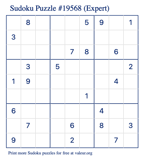 Free Printable Expert Sudoku Puzzle number 19568