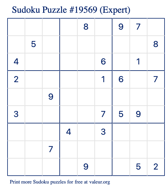 Free Printable Expert Sudoku Puzzle number 19569