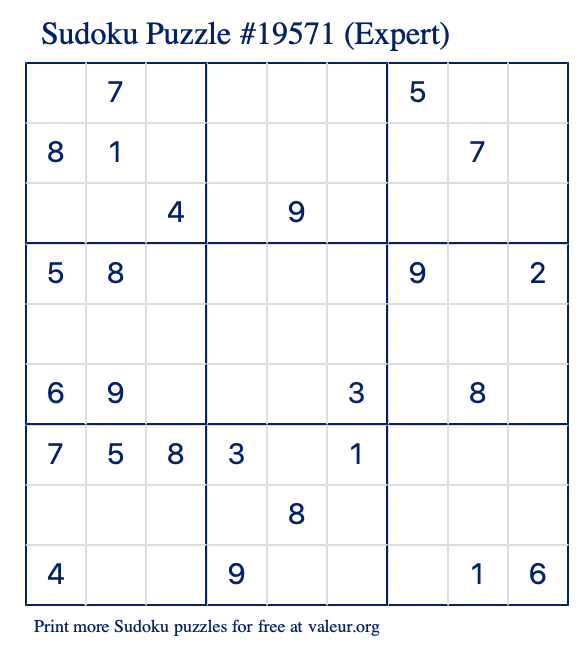 Free Printable Expert Sudoku Puzzle number 19571