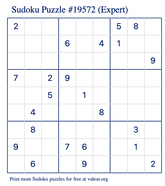 Free Printable Expert Sudoku Puzzle number 19572