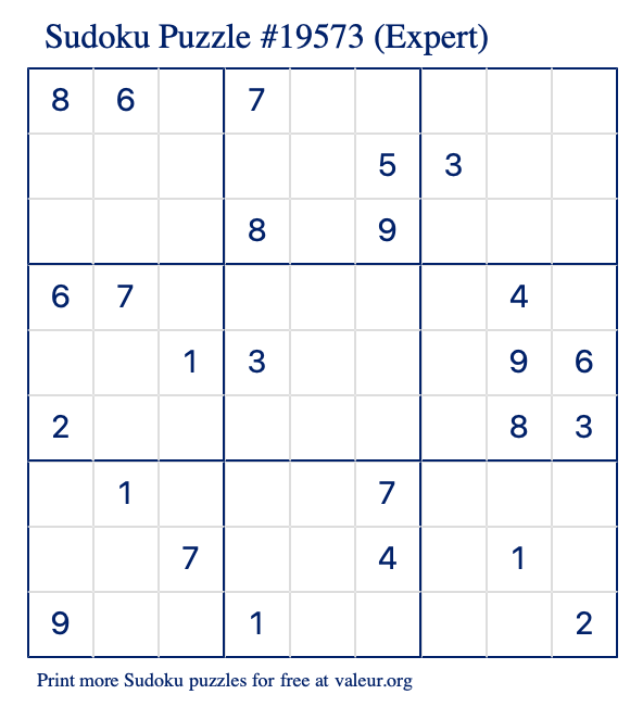 Free Printable Expert Sudoku Puzzle number 19573