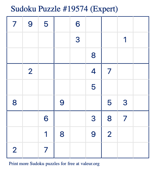 Free Printable Expert Sudoku Puzzle number 19574