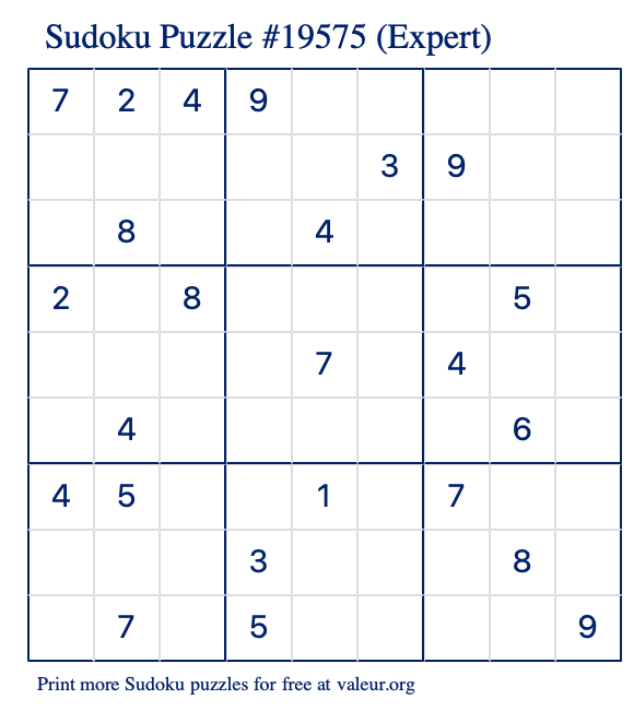 Free Printable Expert Sudoku Puzzle number 19575