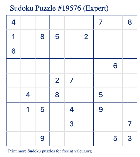 Free Printable Expert Sudoku Puzzle number 19576