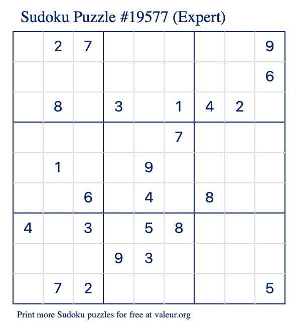 Free Printable Expert Sudoku Puzzle number 19577