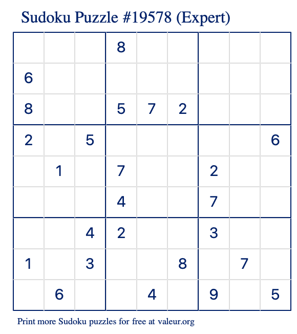 Free Printable Expert Sudoku Puzzle number 19578