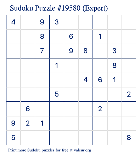 Free Printable Expert Sudoku Puzzle number 19580