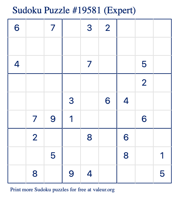 Free Printable Expert Sudoku Puzzle number 19581