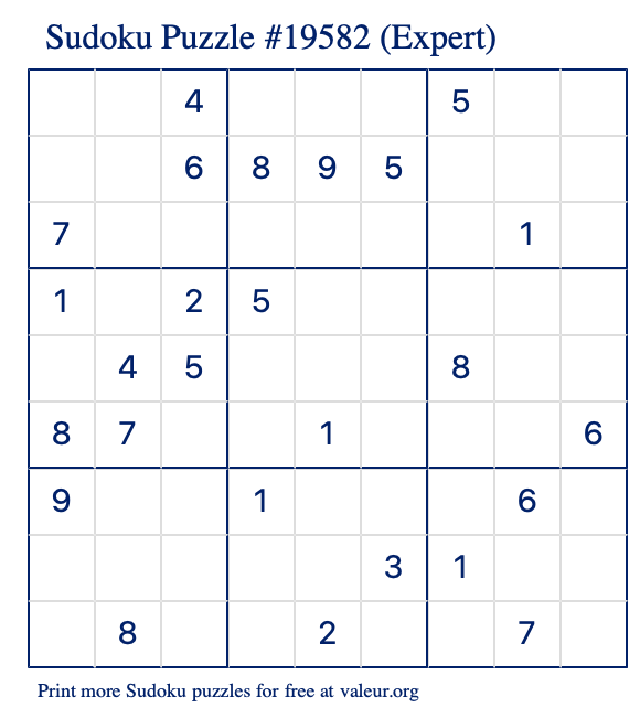 Free Printable Expert Sudoku Puzzle number 19582
