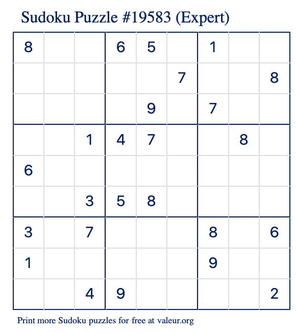 Free Printable Expert Sudoku Puzzle number 19583