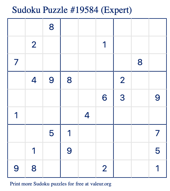 Free Printable Expert Sudoku Puzzle number 19584