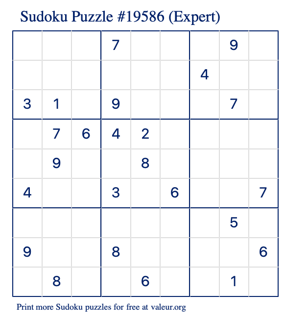 Free Printable Expert Sudoku Puzzle number 19586