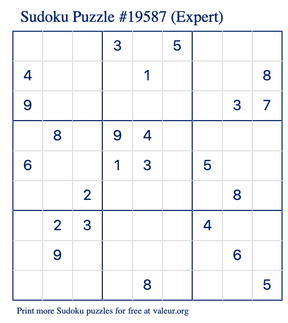 Free Printable Expert Sudoku Puzzle number 19587