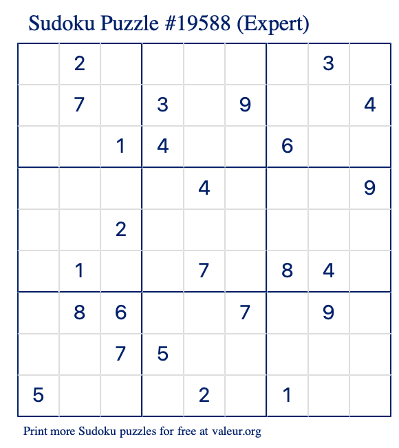 Free Printable Expert Sudoku Puzzle number 19588