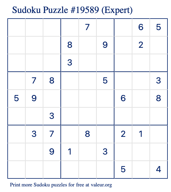 Free Printable Expert Sudoku Puzzle number 19589