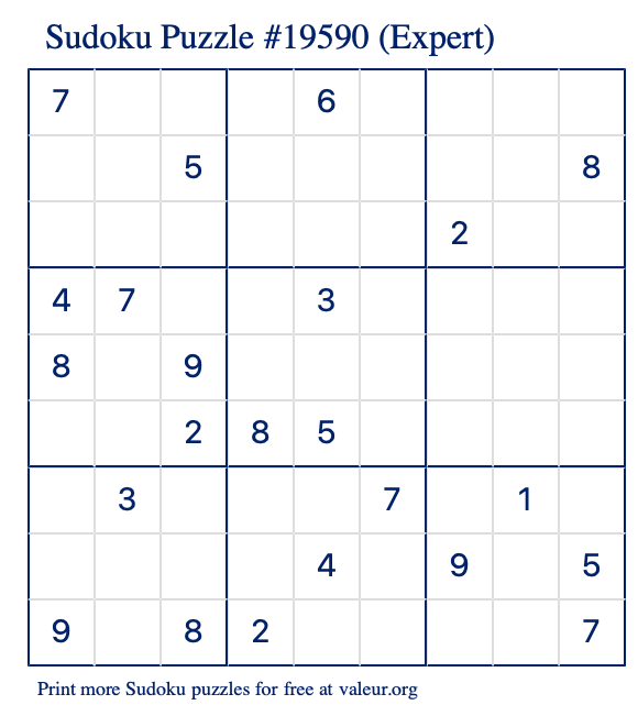 Free Printable Expert Sudoku Puzzle number 19590