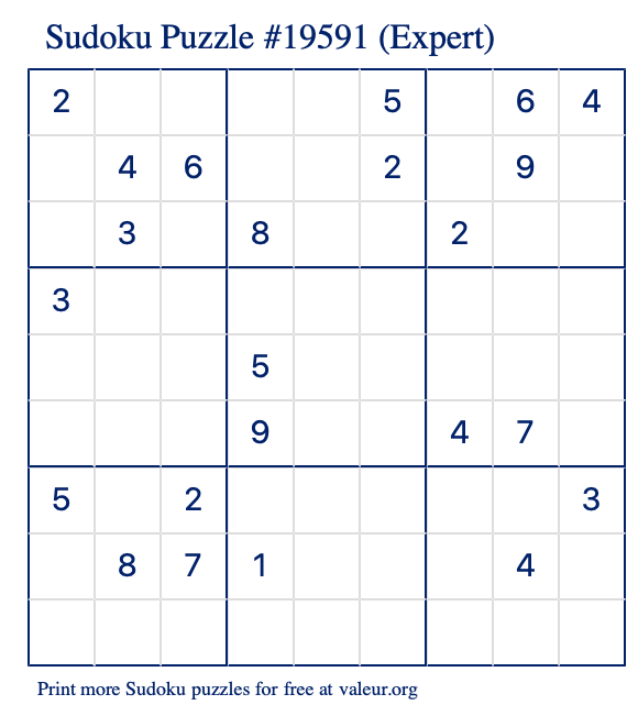 Free Printable Expert Sudoku Puzzle number 19591