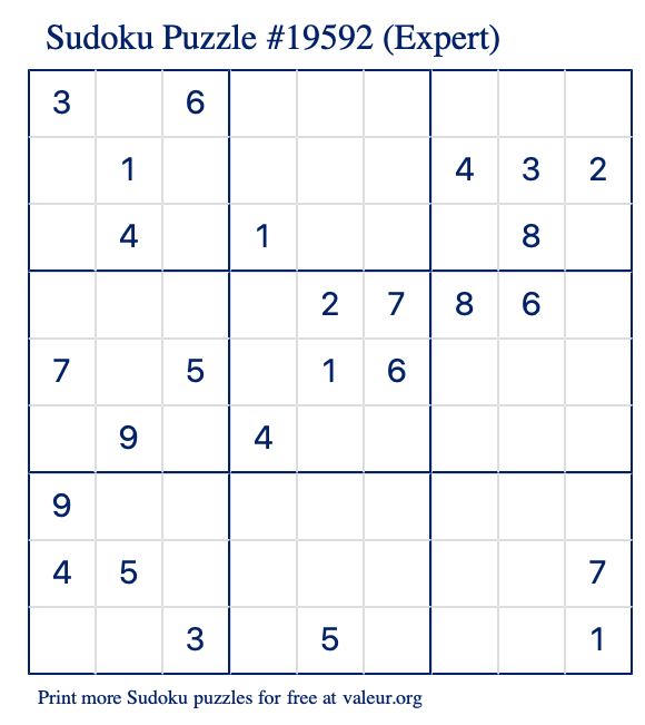 Free Printable Expert Sudoku Puzzle number 19592