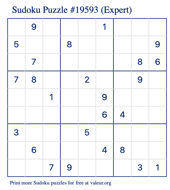 Free Printable Expert Sudoku Puzzle number 19593