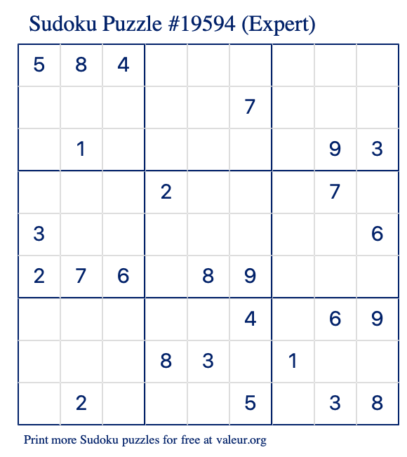 Free Printable Expert Sudoku Puzzle number 19594