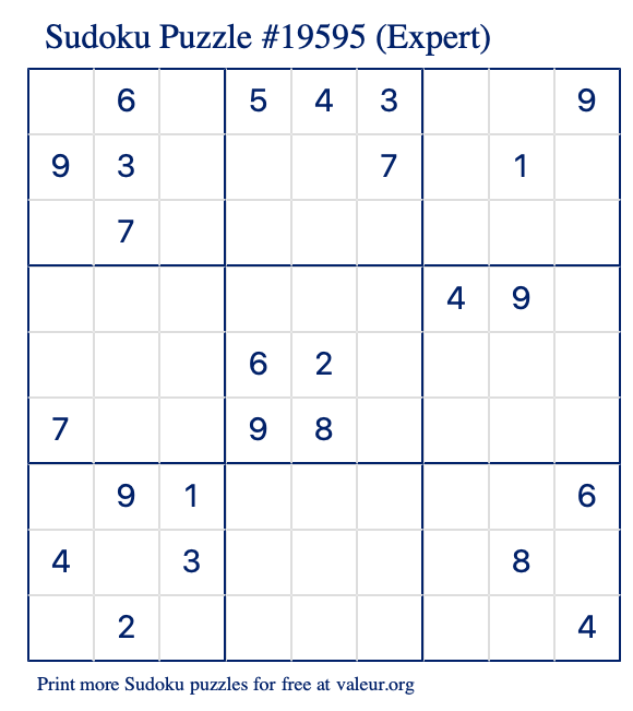 Free Printable Expert Sudoku Puzzle number 19595