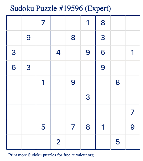 Free Printable Expert Sudoku Puzzle number 19596