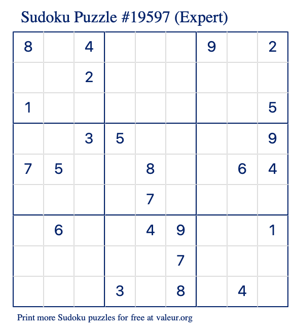 Free Printable Expert Sudoku Puzzle number 19597