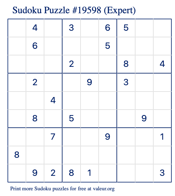 Free Printable Expert Sudoku Puzzle number 19598