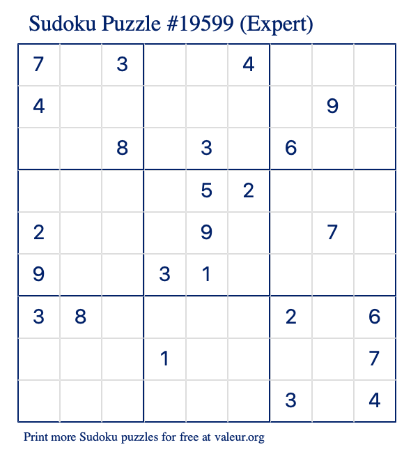 Free Printable Expert Sudoku Puzzle number 19599