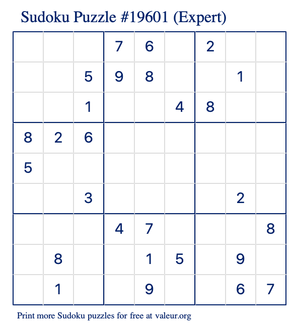 Free Printable Expert Sudoku Puzzle number 19601