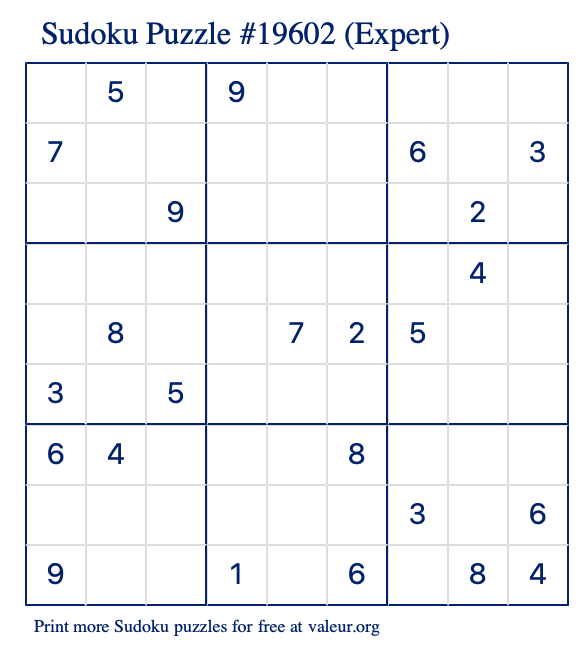 Free Printable Expert Sudoku Puzzle number 19602