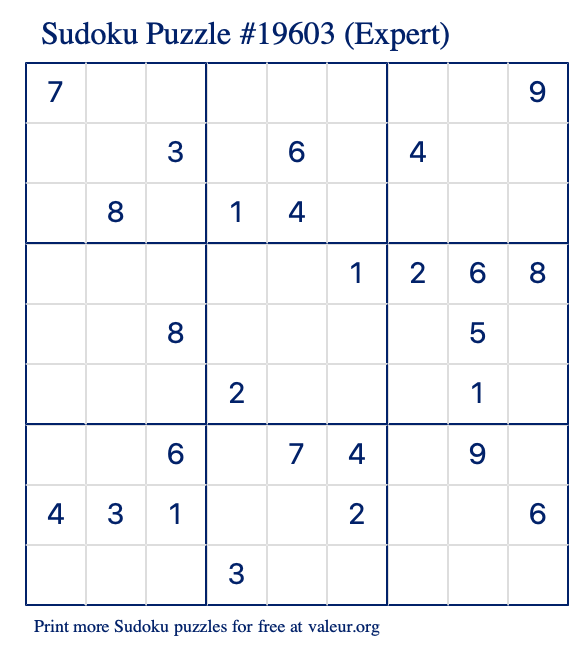 Free Printable Expert Sudoku Puzzle number 19603