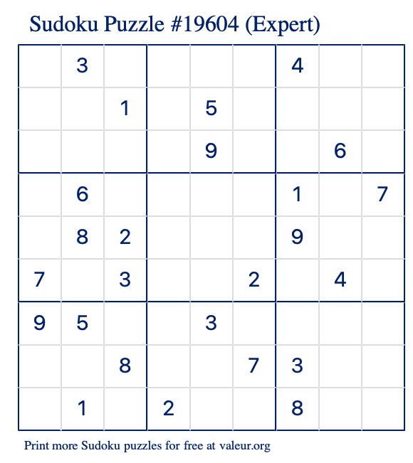 Free Printable Expert Sudoku Puzzle number 19604