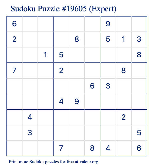 Free Printable Expert Sudoku Puzzle number 19605