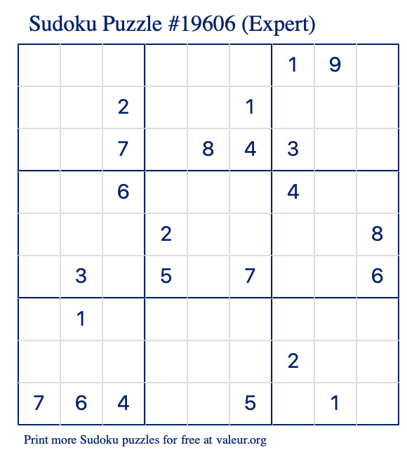 Free Printable Expert Sudoku Puzzle number 19606