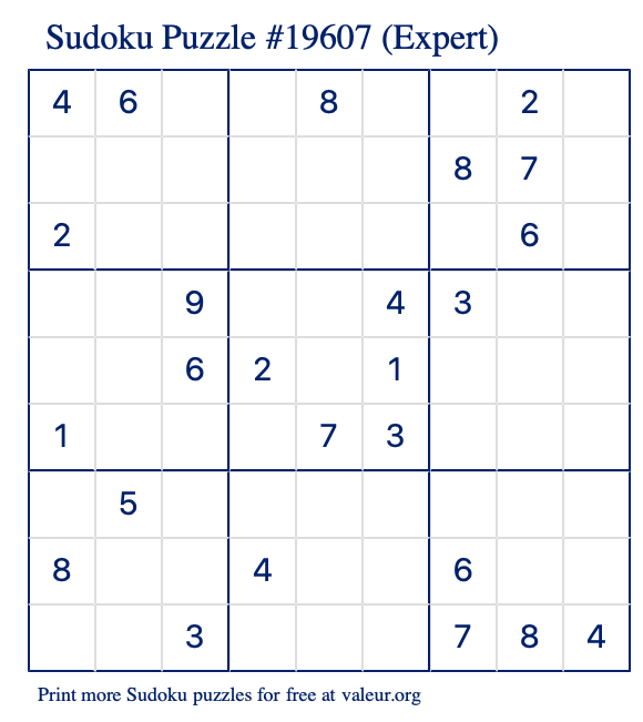 Free Printable Expert Sudoku Puzzle number 19607