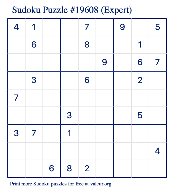 Free Printable Expert Sudoku Puzzle number 19608