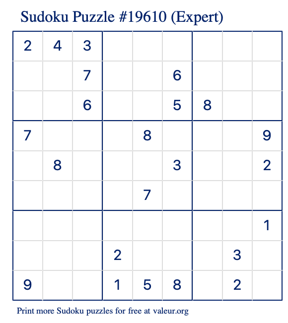 Free Printable Expert Sudoku Puzzle number 19610