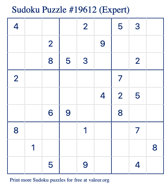 Free Printable Expert Sudoku Puzzle number 19612