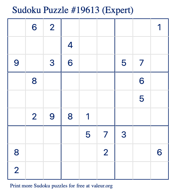 Free Printable Expert Sudoku Puzzle number 19613